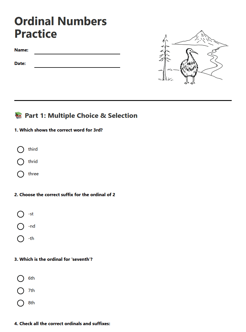 Ordinal Numbers Practice worksheet preview