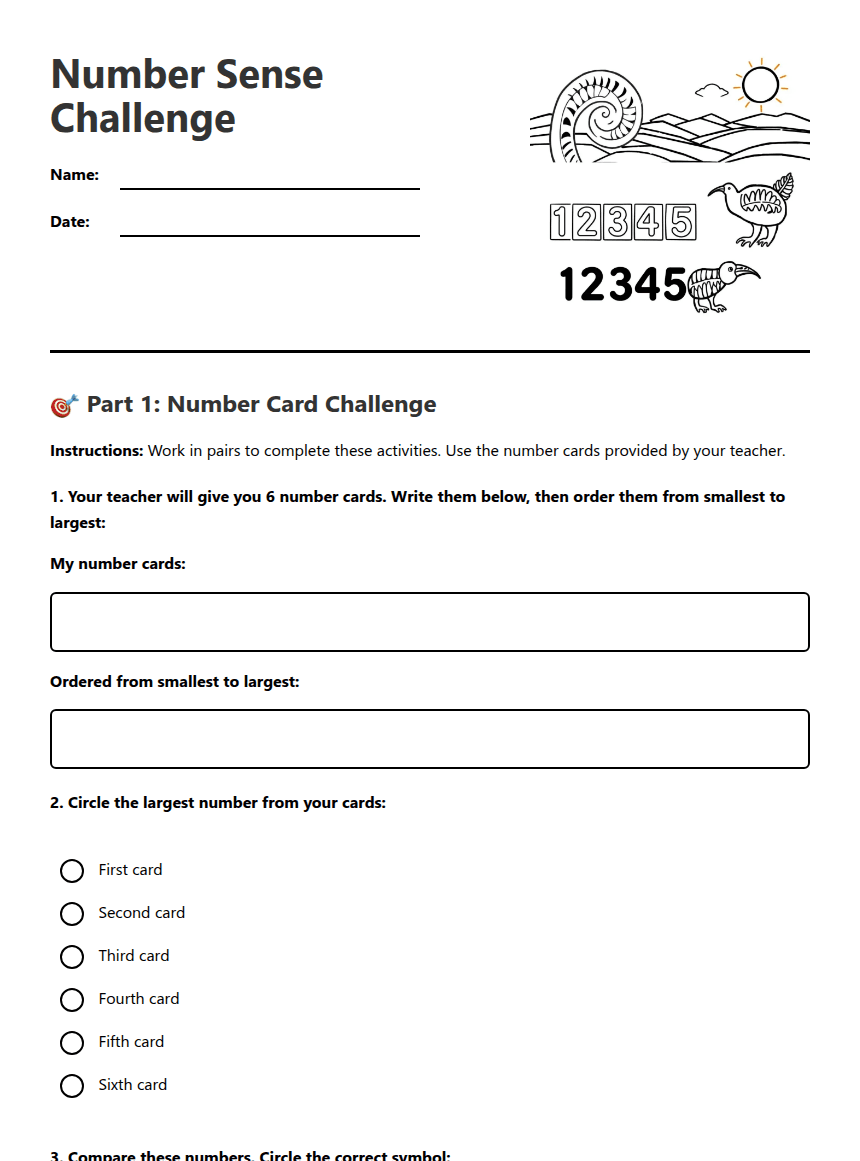 Number Sense Challenge worksheet preview