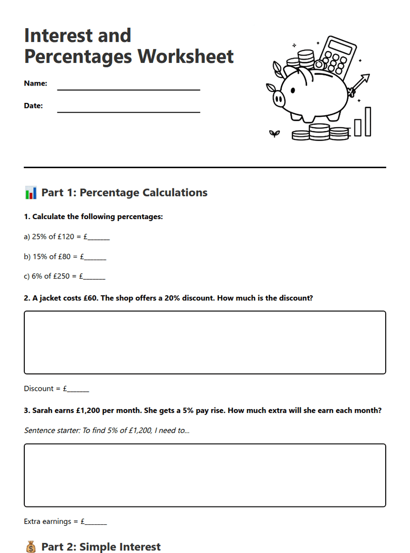 Interest and Percentages Worksheet