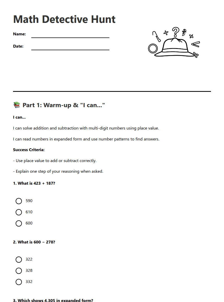 Math Detective Hunt worksheet preview