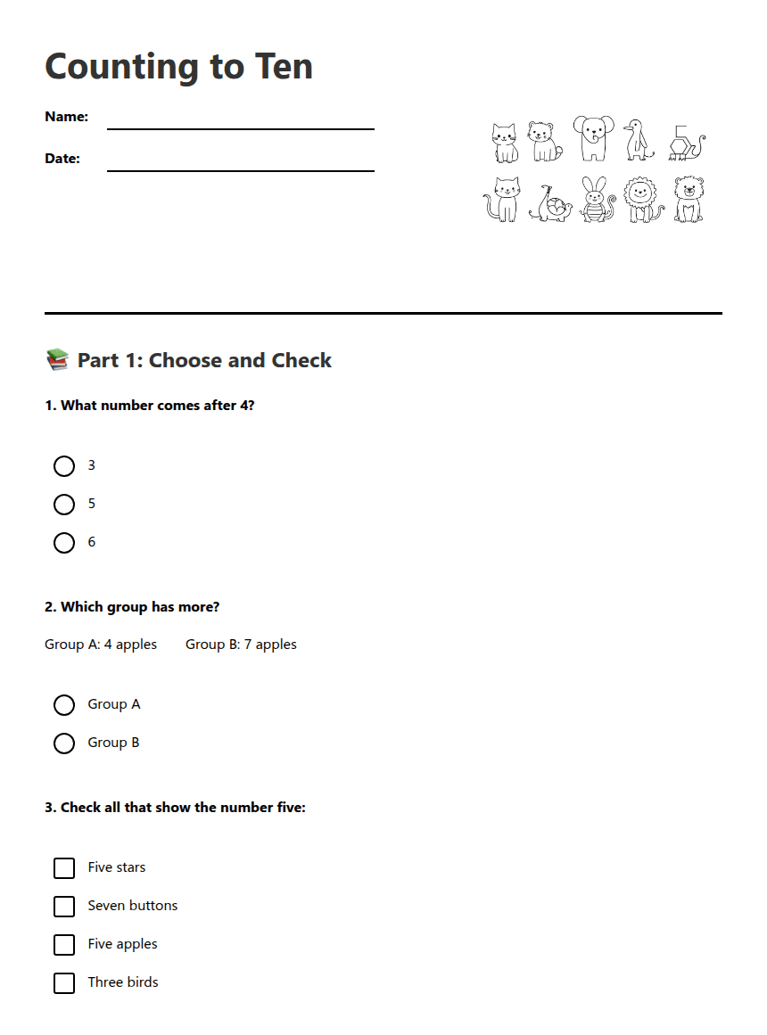 Counting to Ten worksheet preview