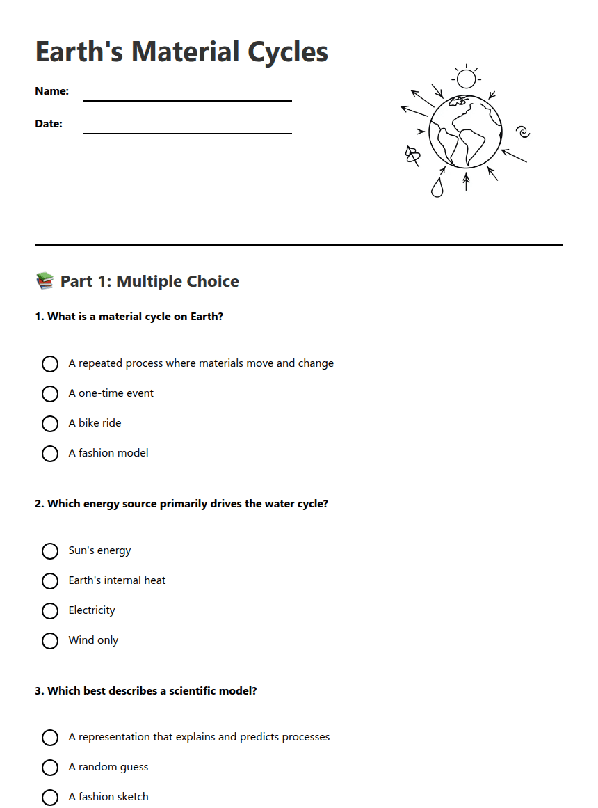 Earth's Material Cycles worksheet preview