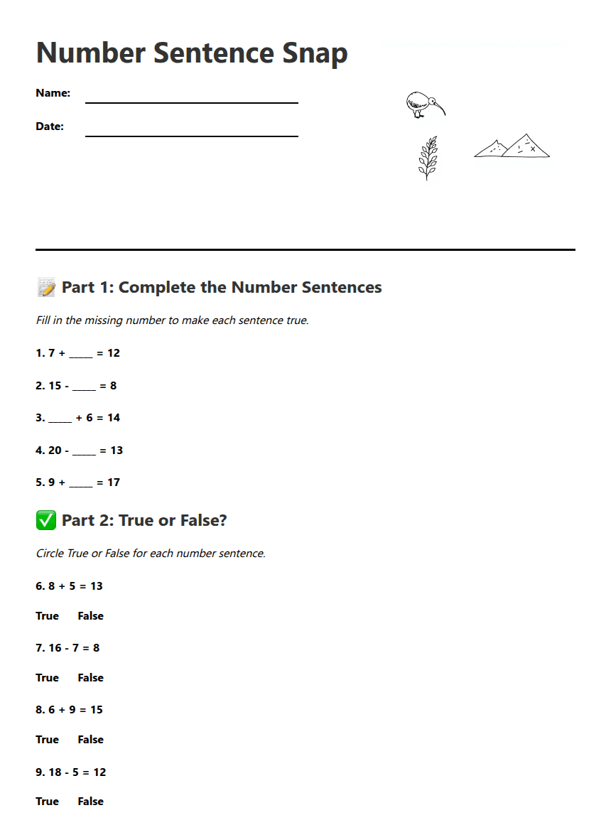 Number Sentence Snap worksheet preview