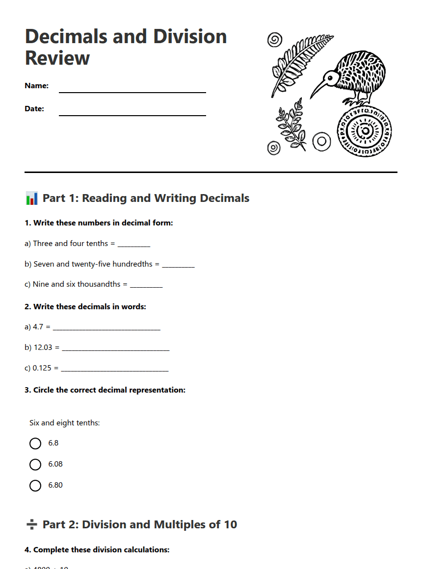 Decimals and Division Review worksheet preview