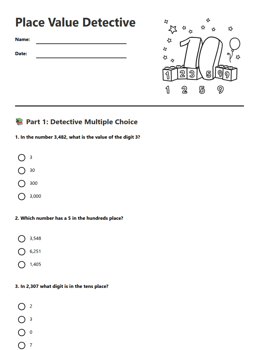 Place Value Detective worksheet preview