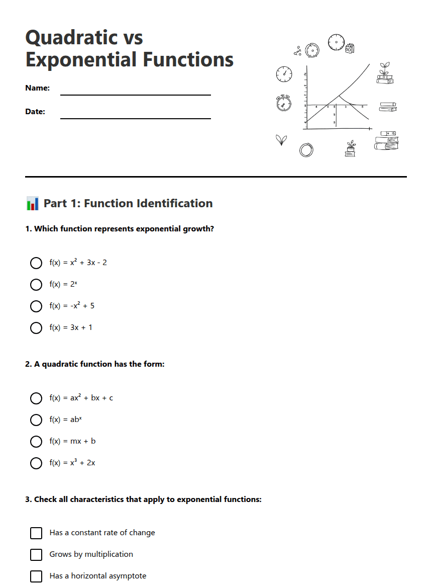 Quadratic vs Exponential Functions worksheet preview