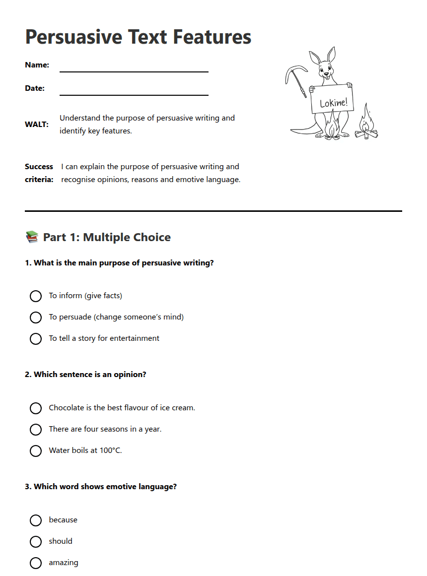 Persuasive Text Features worksheet preview