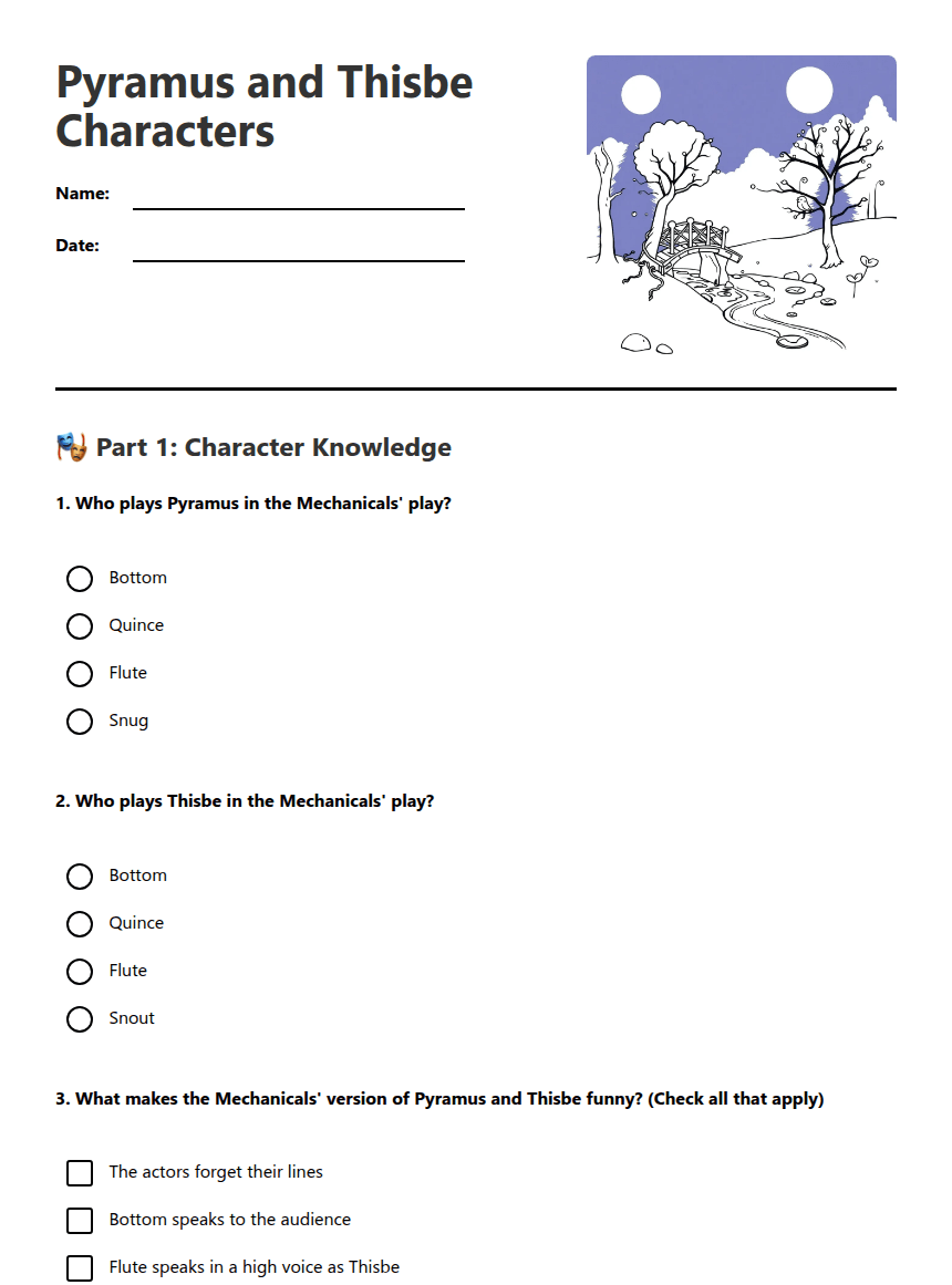 Pyramus and Thisbe Characters worksheet preview