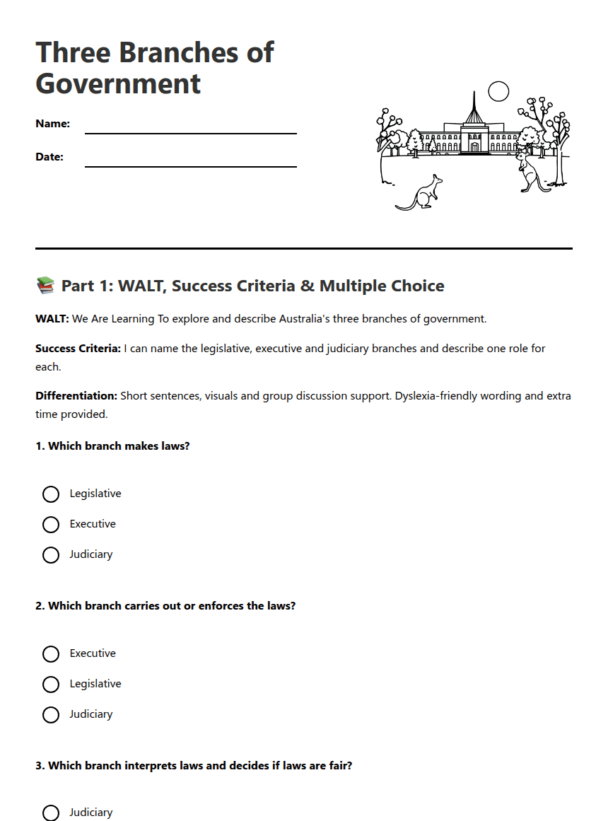 Three Branches of Government worksheet preview