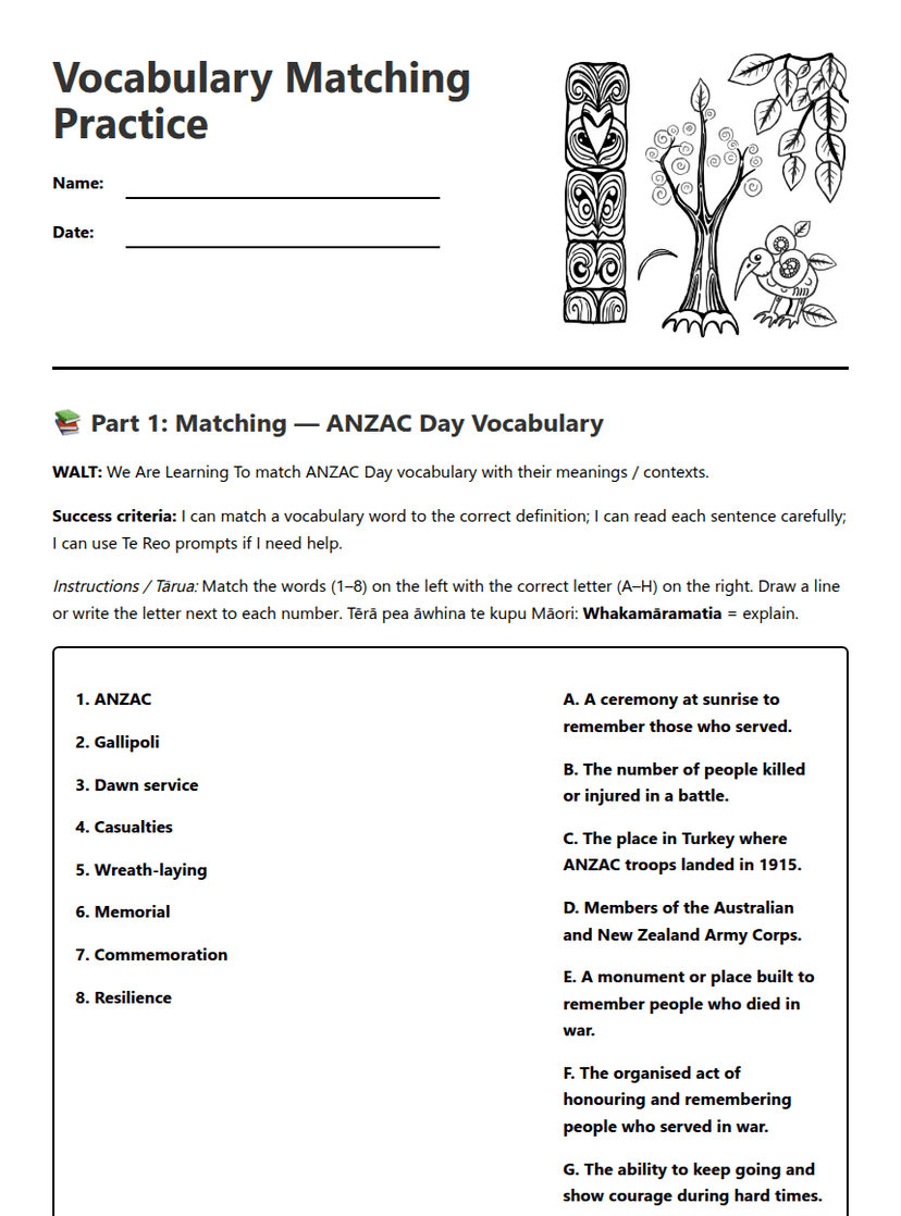 Vocabulary Matching Practice